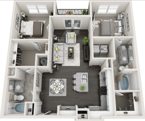 A top-down view of a small apartment with a kitchen, living room, and bedrooms.